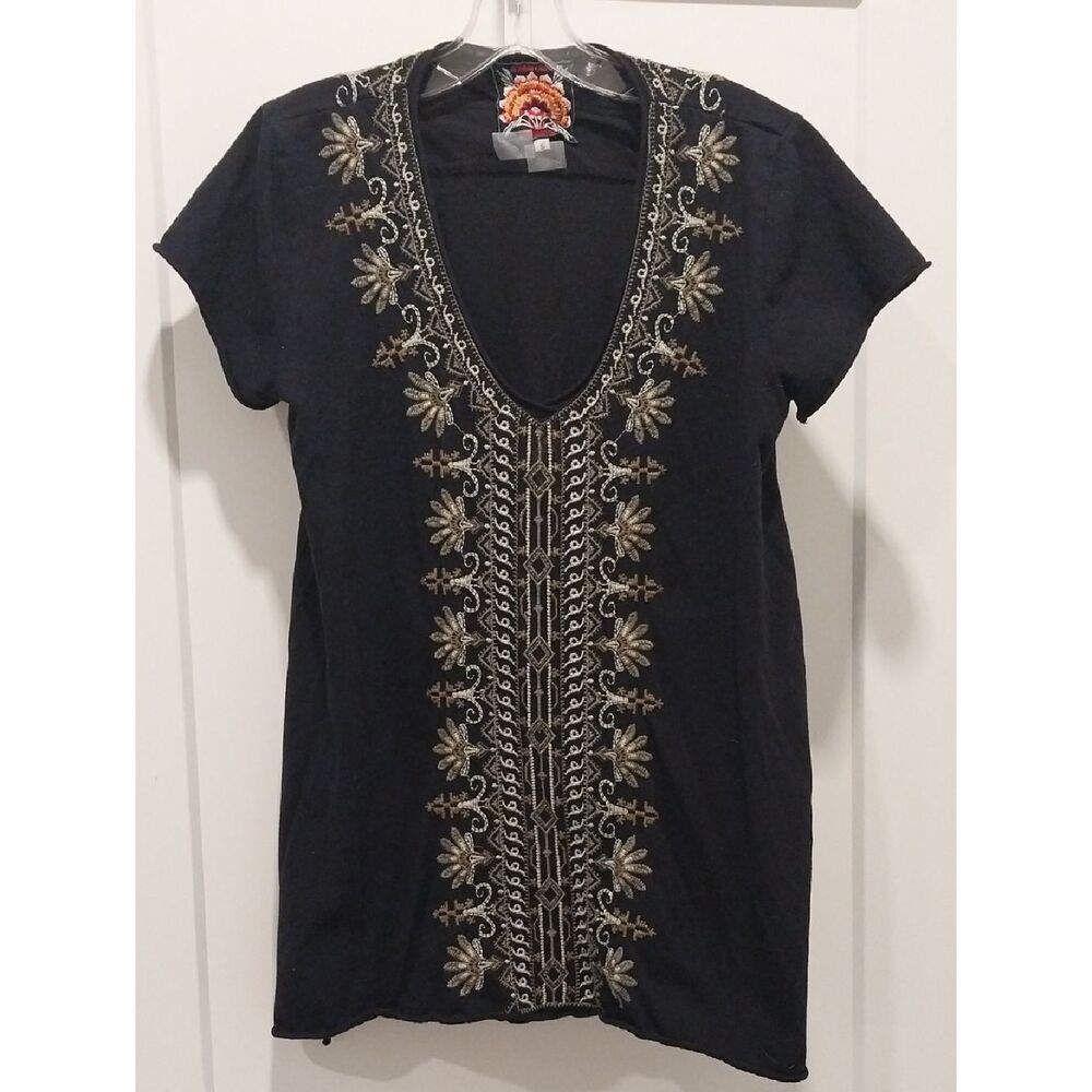 Johnny Was Black Short-Sleeve V-Neck Top with Gold & Cream Embroidery...Size S